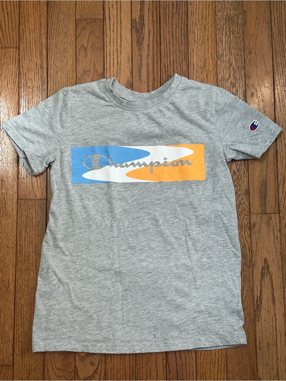 Champion Gray Logo Tee with Blue & Orange Accent size M